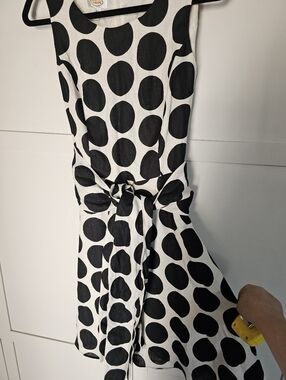 Talbots Size 8 Linen Dress Ivory Black Polka Dot Sleeveless Lined Tie Waist